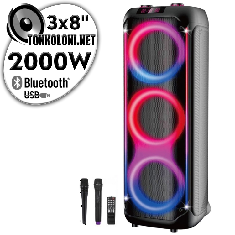 ПРЕНОСИМА 3x8" Тонколона караоке EK 3888 LUX с Bluetooth, Безжичен микрофон, USB, Радио, Цветомузика, Вграден акумулатор + Подарък професионален микрофон