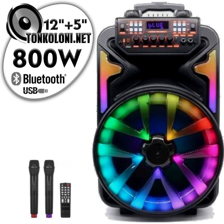 Преносима 12"+ 5" Тонколона Караоке Mega Boom YB1501 LUX с Bluetooth, 2 Броя безжични микрофони, USB, Радио, Цветомузика, Вграден акумулатор