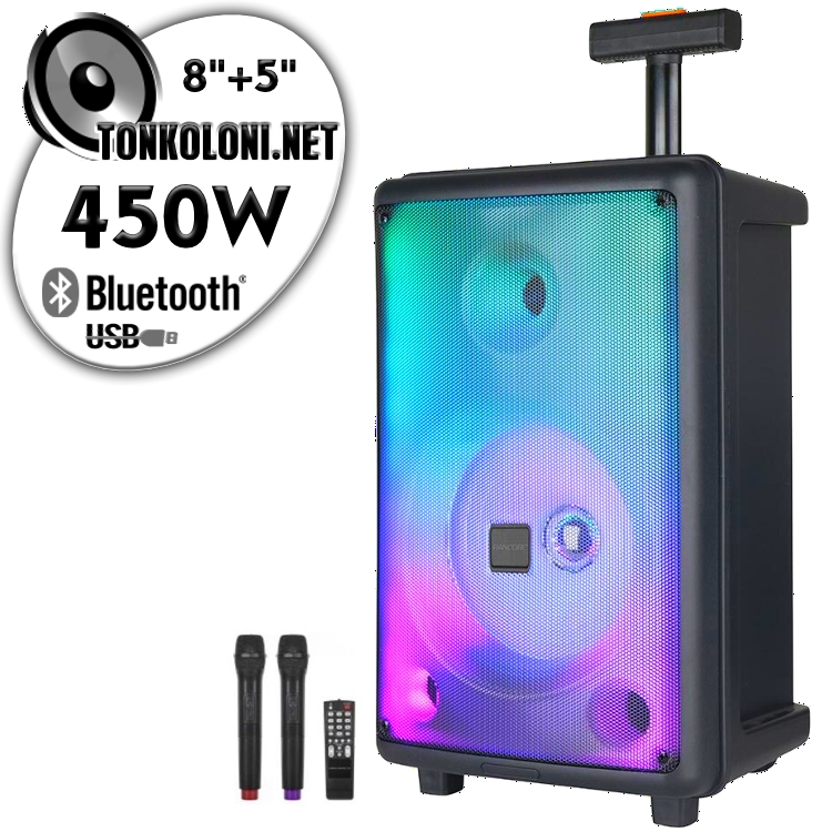 Преносима 8"+ 5"Луксозна Тонколона караоке Rancore RS111XR LUX с Bluetooth, 2 броя Безжични микрофони, USB, Радио, Цветомузика, Вграден акумулатор + ПОДАРЪК Професионален микрофон