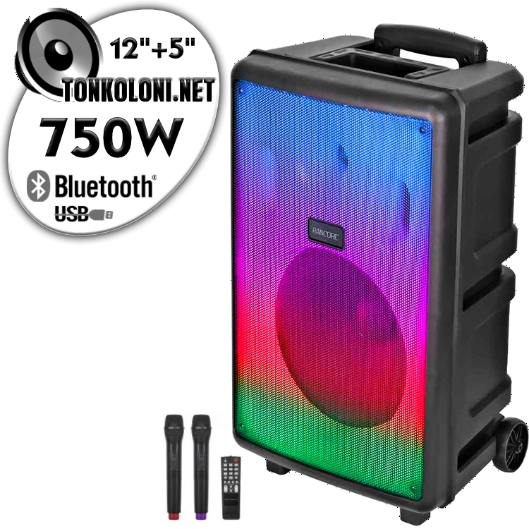 Преносима 12"+ 5"Луксозна Тонколона караоке Rancore RS122XR LUX с Bluetooth, 2 броя Безжични микрофони, USB, Радио, Цветомузика, Вграден акумулатор + ПОДАРЪК Професионален микрофон