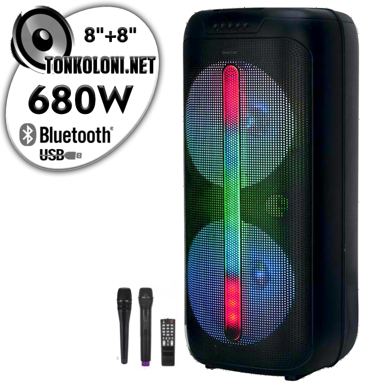Преносима 8"+8" Тонколона караоке Rancore RS880R с Bluetooth, 2 Броя микрофони, USB, Радио, Цветомузика, Вграден акумулатор