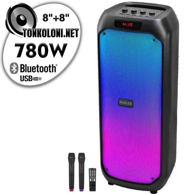 Преносима 8"+ 8" Луксозна Тонколона караоке Muhler MAX881R LUX с Bluetooth, 2 Броя безжични микрофони, USB, Радио, Цветомузика, Вграден акумулатор + ПОДАРЪК Професионален микрофон